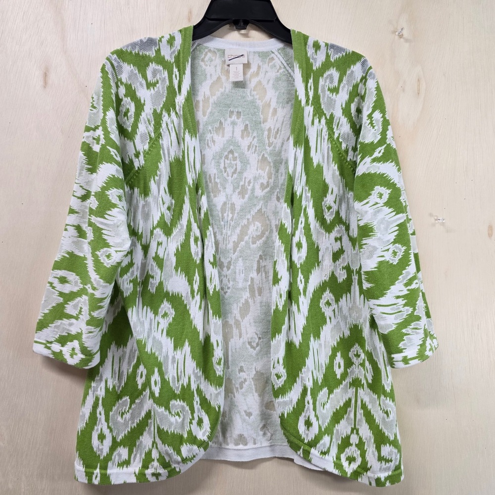 Chico's Green White Ikat Damask Open Front Cardigan 3/4 Sleeve Size 1 M